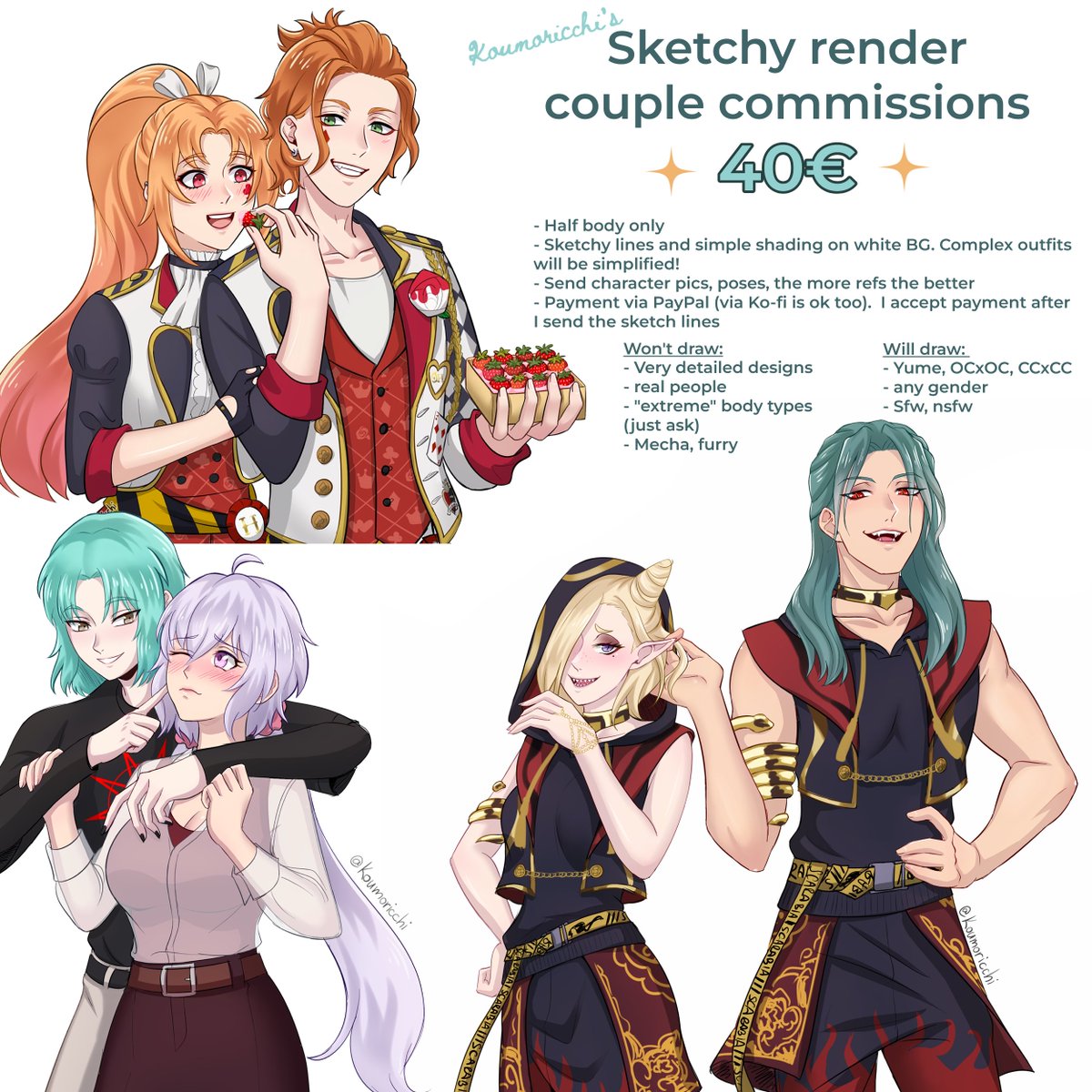 I'm trying out a new simpler cmm style, so I'm opening [Sketchy render] commissions!

Details listed on the image. 
Taking 5 slots, DM me to grab one 🫶

RTs appreciated 🙏💖