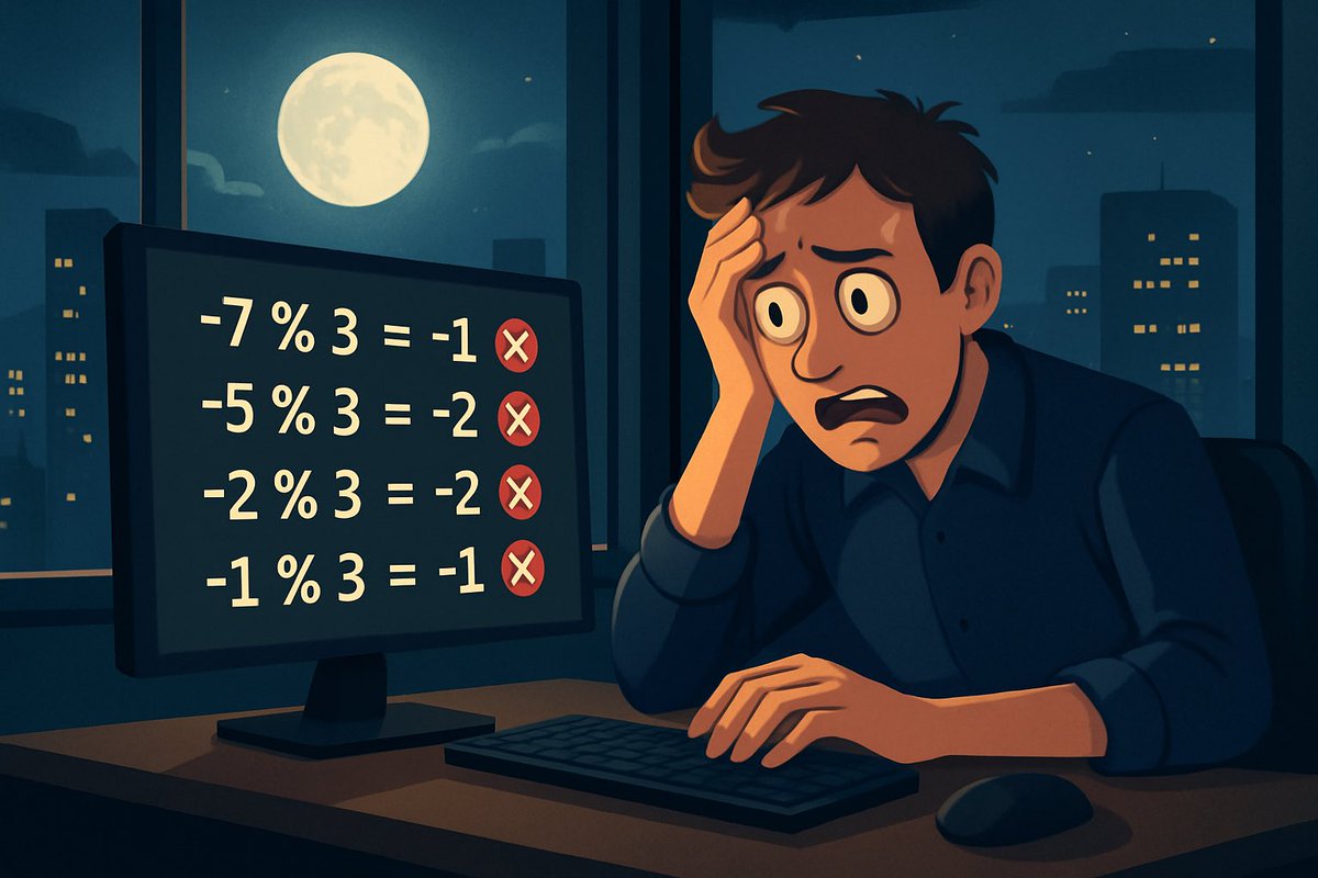 😵‍💫 Modulo Mayhem: Java vs Math

Let’s talk % with negative numbers.

🧮 What we expect (true modulo):
•-7 % 3 = 2
•-5 % 3 = 1
•-2 % 3 = 1
•-1 % 3 = 2

🤔 But in Java:
•-7 % 3 = -1 ❌
•-5 % 3 = -2 ❌
•-2 % 3 = -2 ❌
•-1 % 3 = -1 ❌

📉 Why?
Java’s % operator returns the