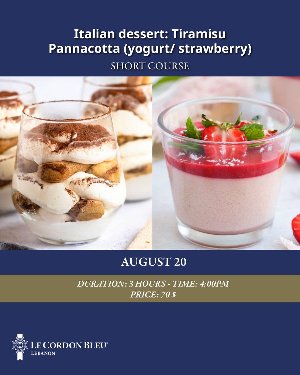 lecordonbleu_lb's tweet photo. Tiramisu or Pannacotta? Why not both.
Join our Italian Dessert short course this August 20 – 4:00PM

📞 Book your spot: 81-277768 | 09-857557

#LeCordonBleuLebanon #ShortCourse #Tiramisu #Pannacotta #DessertLovers #BeirutWorkshops #ItalianDesserts https://t.co/983kimAGg9