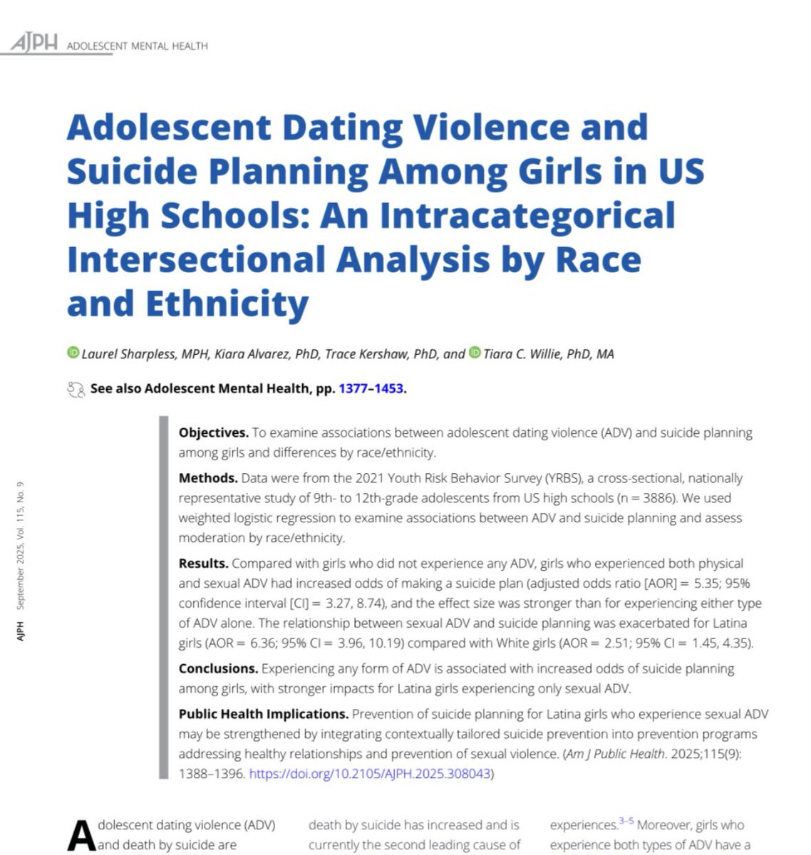 📣 New article in <a href="/AMJPublicHealth/">AJPH</a>! We used #intersectionality to examine associations between #datingviolence and #suicide planning among girls. A special thank you to <a href="/TiaraCWillie/">Dr. Tiara C. Willie</a> <a href="/kalvarezphd/">Kiara Alvarez</a> and <a href="/speed_tracer00/">Trace Kershaw</a>!!Read: ajph.aphapublications.org/doi/10.2105/AJ…