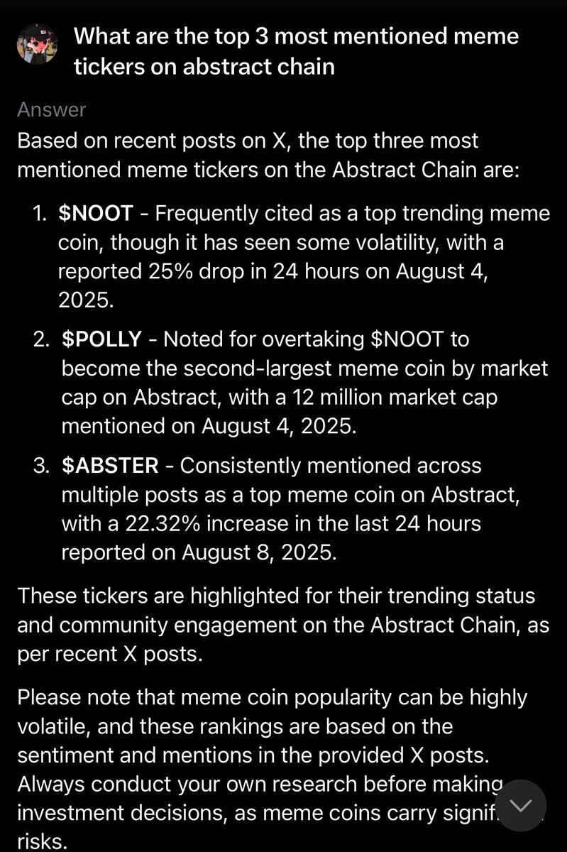 xinsanityo's tweet photo. I asked grok what were the top 3 most mentioned meme tickers on @AbstractChain 

He said 

$NOOT 
$POLLY 
$ABSTER 

anyone using ai to help with trading or trends? https://t.co/2iFr2M878i
