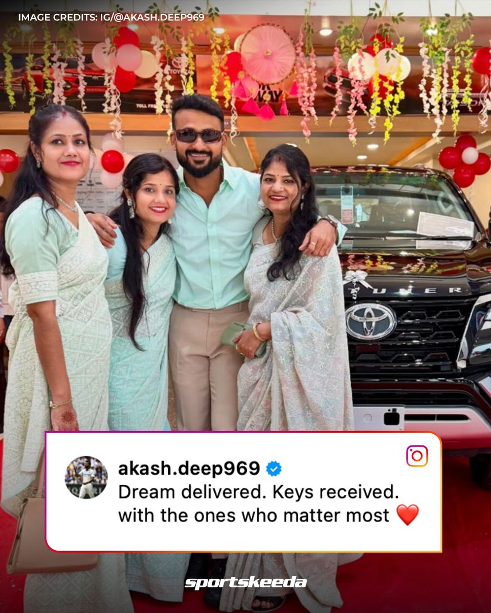 Sportskeeda's tweet image. A dream come true for Akash Deep and his family - their new car. 🥹

#Cricket #AkashDeep #Test #India