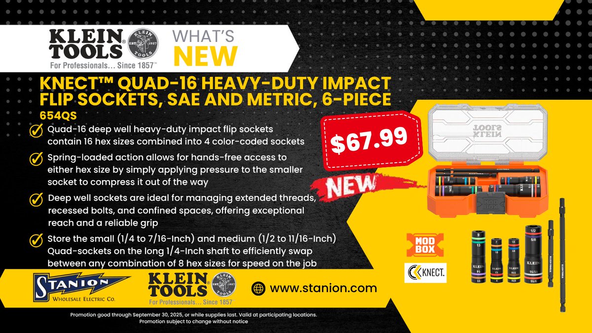 StanionElectric's tweet image. Tackle any job with the Klein KNECT™ Quad-16 Heavy-Duty Impact Flip Sockets—6-piece set with both SAE &amp;amp; Metric sizes. Visit our website or drop by your local Stanion branch to get your hands on this, before the promotion ends September 30th!
#KleinTools #Tools #ToolsForPros
