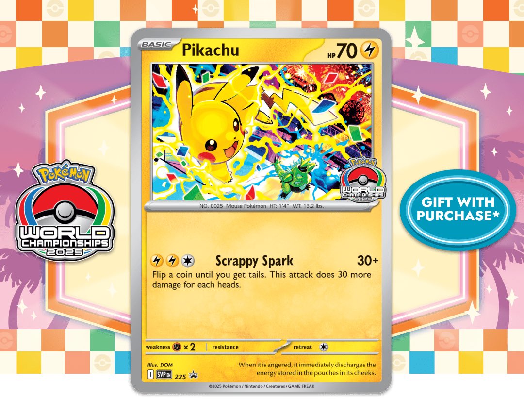 You can get a free Pikachu World Championship 2025 Promo Card at Pokémon Center

Use code worldscard25us

Ends September 30th

pokemoncenter.com/category/tradi…