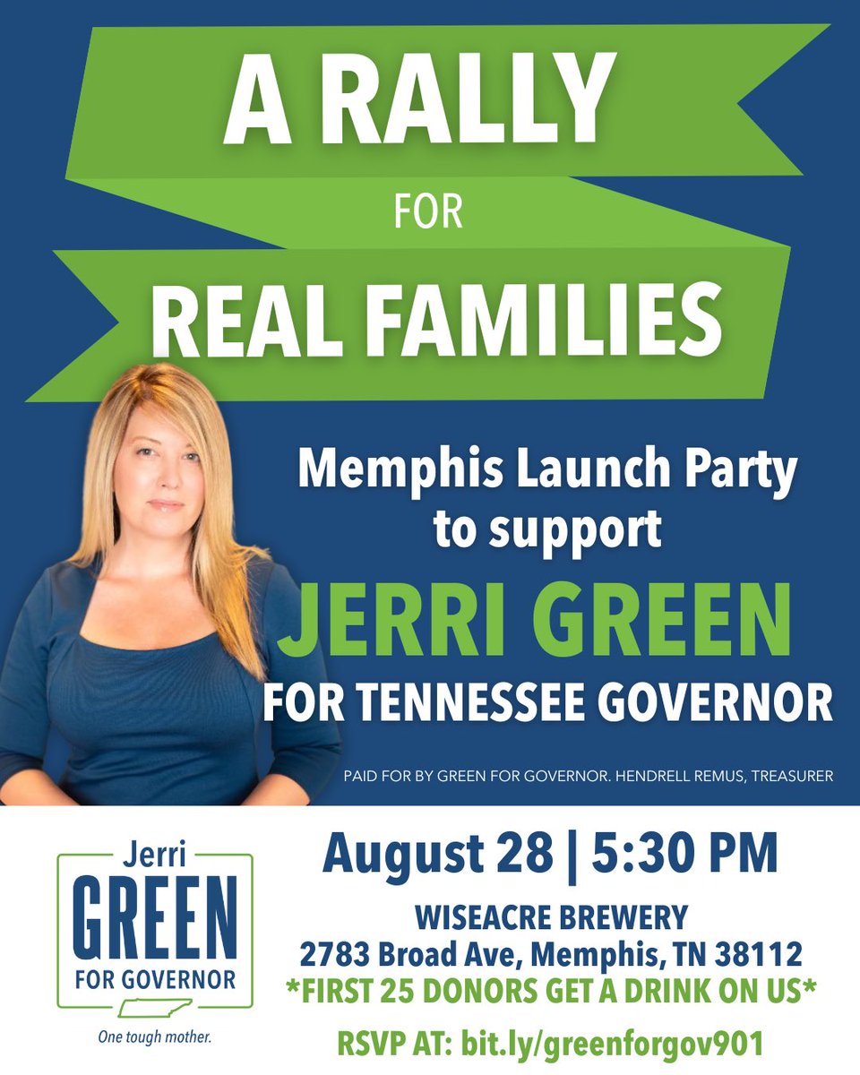 Mark your calendar and make plans to join us as we begin our fight to take back Tennessee!

Link to RSVP/donate: bit.ly/greenforgov901

Don’t forget to share this post and spread the word!