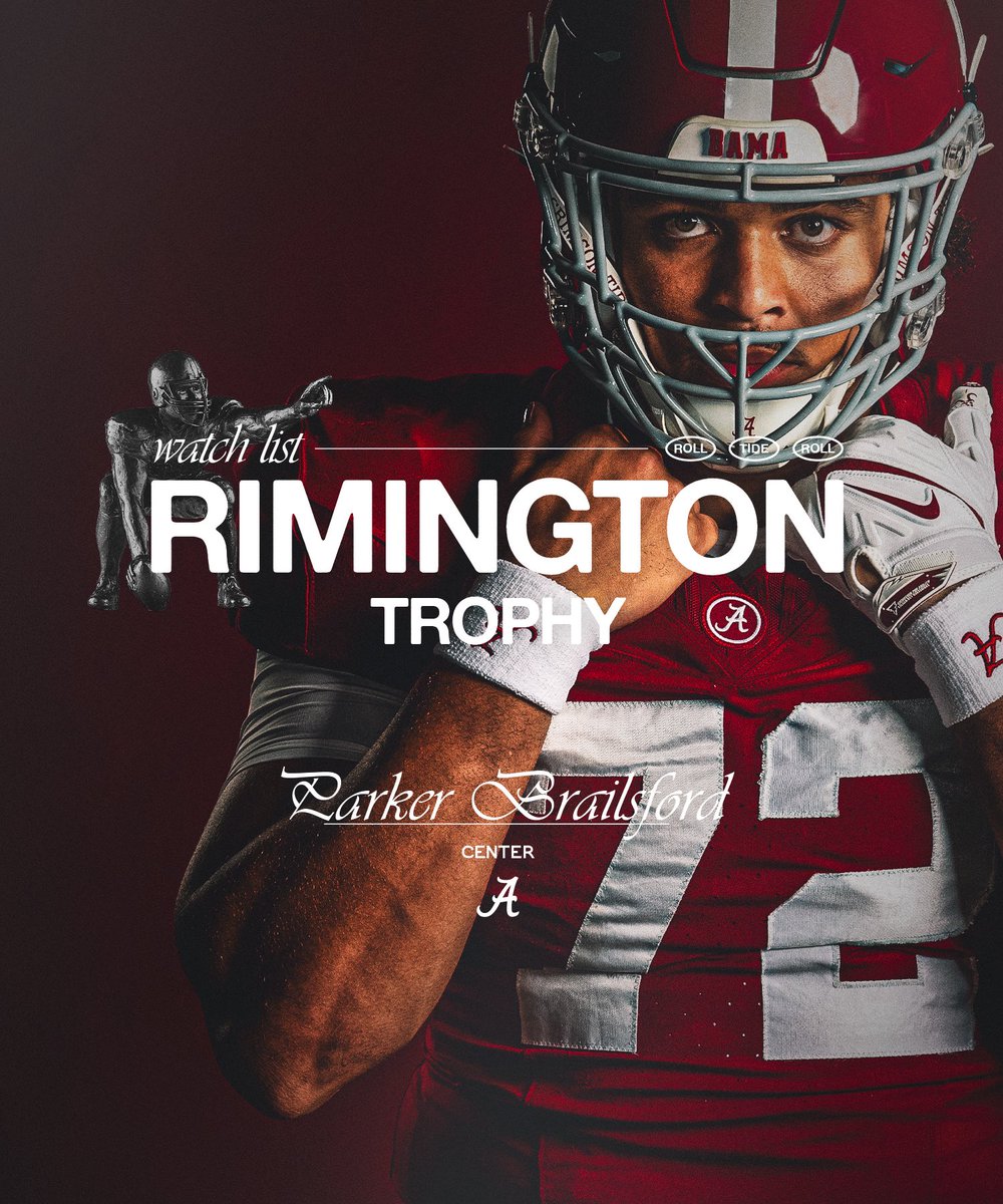 Alabama Football (@alabamaftbl) on Twitter photo Rimington Trophy ▶️ Most outstanding Center <a href="/parkerbrail/">Parker Brailsford</a>
🔗: bit.ly/46OkhSf | #RollTide Rimington Trophy ▶️ Most outstanding Center <a href="/parkerbrail/">Parker Brailsford</a>
🔗: bit.ly/46OkhSf | #RollTide