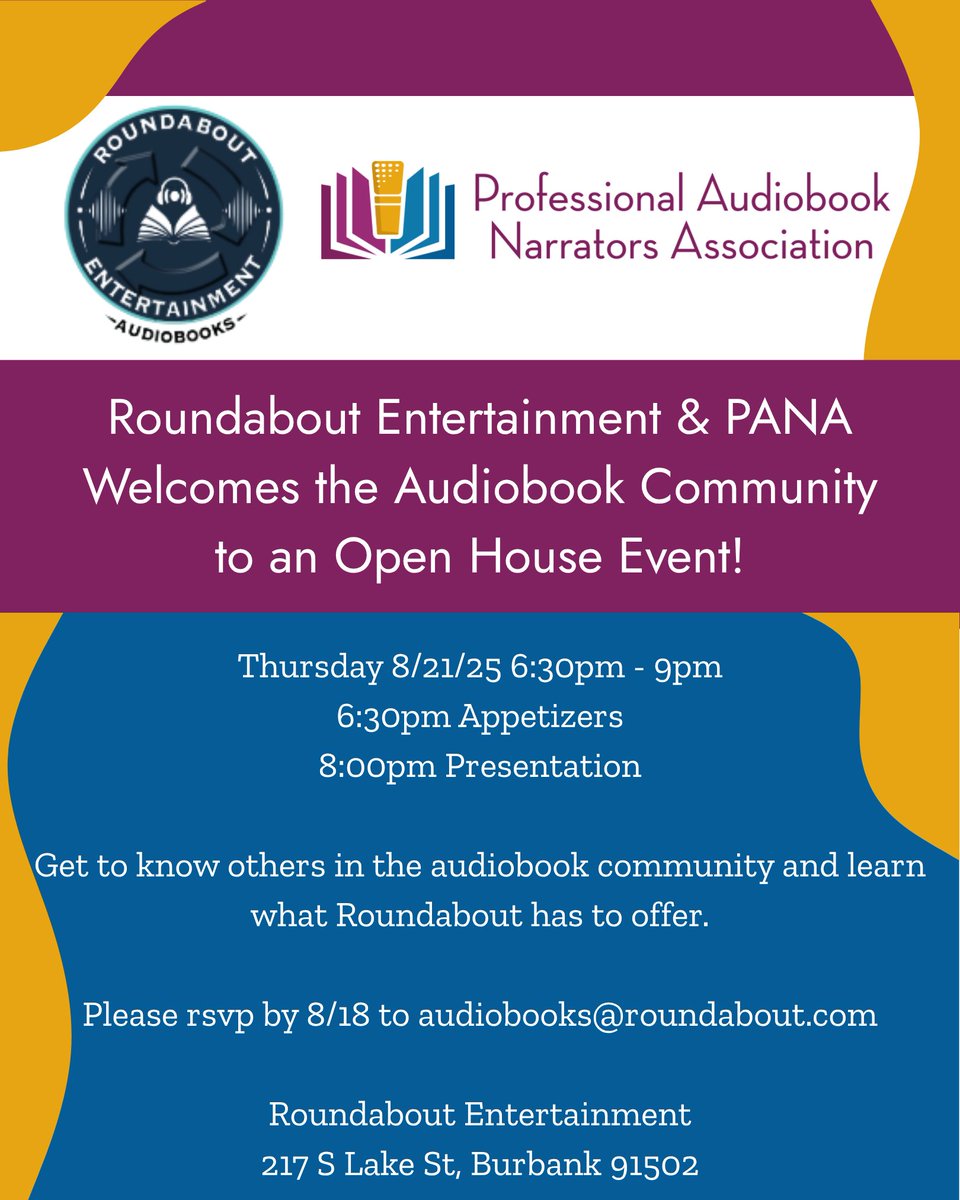 Roundabout Entertainment &amp; PANA
Welcomes the Audiobook Community to an Open House Event!
8/21/25 - 6:30pm - 9pm
6:30pm Appetizers
8:00pm Presentation
Get to know others in the audiobook community and learn what Roundabout has to offer.
RSVP by 8/18 to audiobooks@roundabout.com