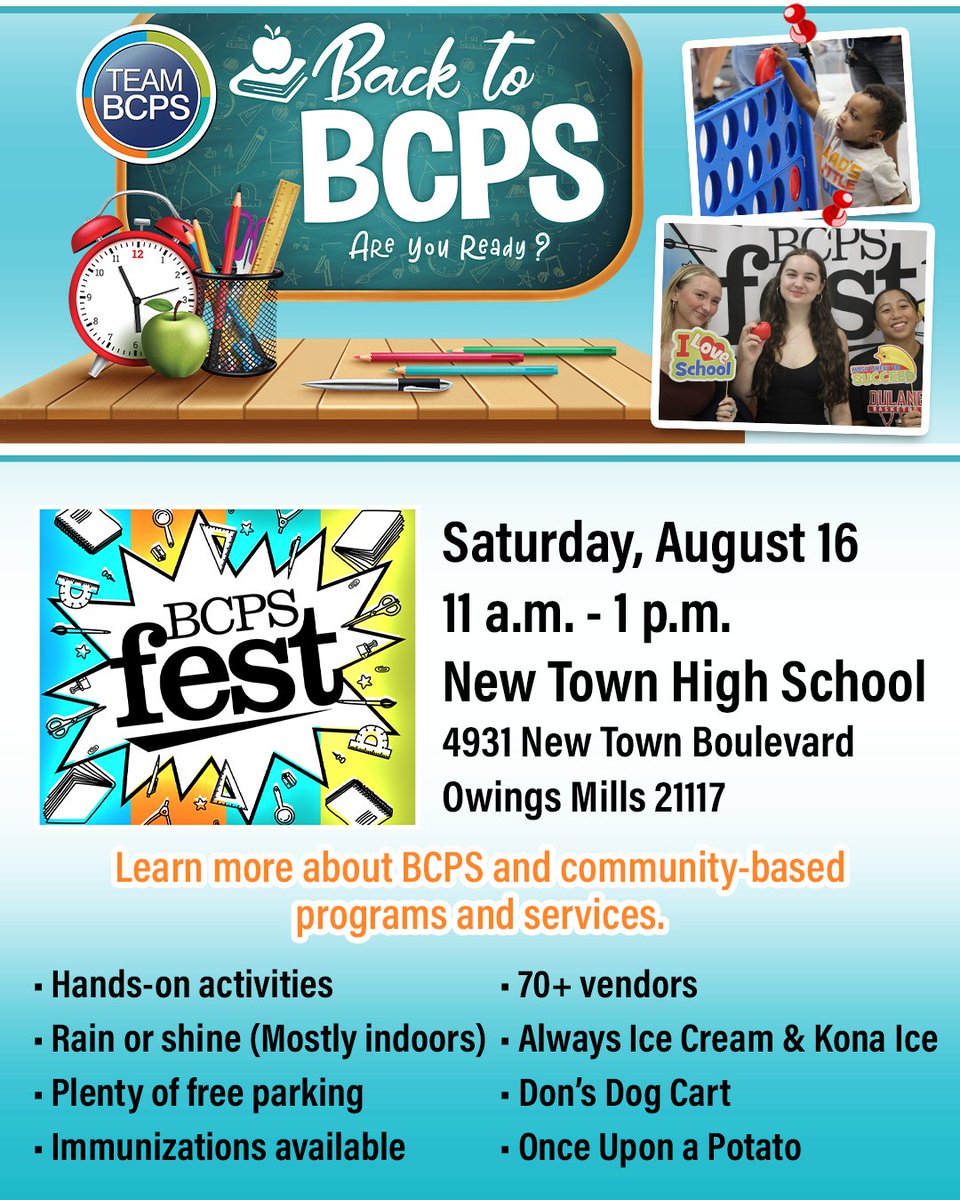 Baltimore County Public Schools (@baltcops) on Twitter photo 🥳 Let's celebrate the new year! Join us on Saturday, August 16, as your favorite back-to-school festival returns! Learn more at bcps.org/community/bcps… 🥳 Let's celebrate the new year! Join us on Saturday, August 16, as your favorite back-to-school festival returns! Learn more at bcps.org/community/bcps…