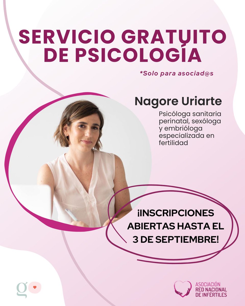¡ABRIMOS PLAZO DE INSCRIPCIÓN AL SERVICIO DE PSICOLOGÍA GRATUITO PARA ASOCIADAS!
‼️📝Inscripciones abiertas hasta el 3 de septiembre.

Desde la asociación hemos defendido siempre la necesidad de un acompañamiento psicológico en nuestra lucha con la infertilidad.

El apoyo