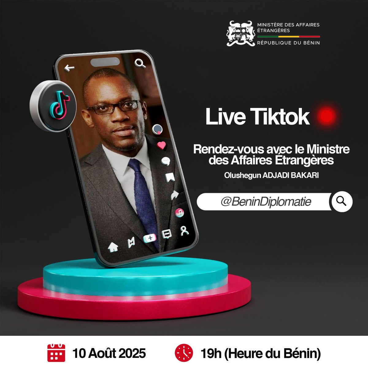 🇧🇯#BeninDiplomatie | Béninois de la diaspora, vous avez rendez-vous avec le Ministre des Affaires étrangères  !

Rejoignez le live TikTok de <a href="/BeninDiplomatie/">Bénin Diplomatie</a> avec Monsieur <a href="/shegunbakari/">Olushegun ADJADI BAKARI</a>.

📅 Ce dimanche 10 août 2025
⏰ À 19h GMT+1 (heure de Cotonou)
🔗 bit.ly/4m8xwlH