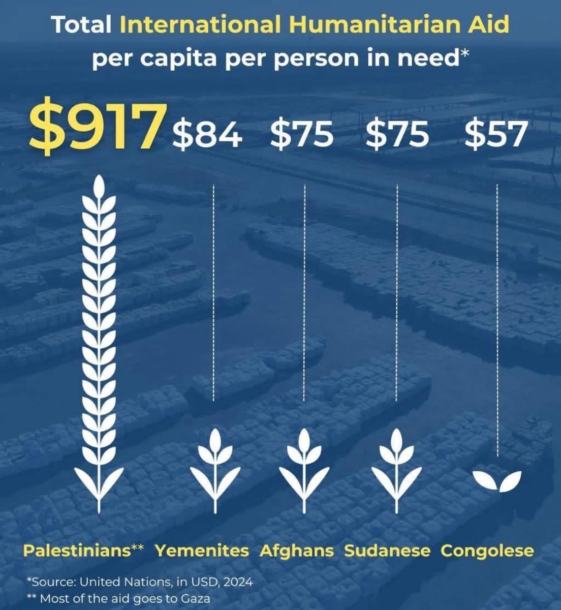 Verteilung der humanitären Hilfe. Zahlen der Vereinten Nationen.

57 Dollar pro Person für den Kongo.
917 Dollar pro Person für die Palästinenser.

Pah, Pallywood-Fans, die Komödie zahlt sich aus! Ich kenne Leute im Westen, die von viel weniger leben!