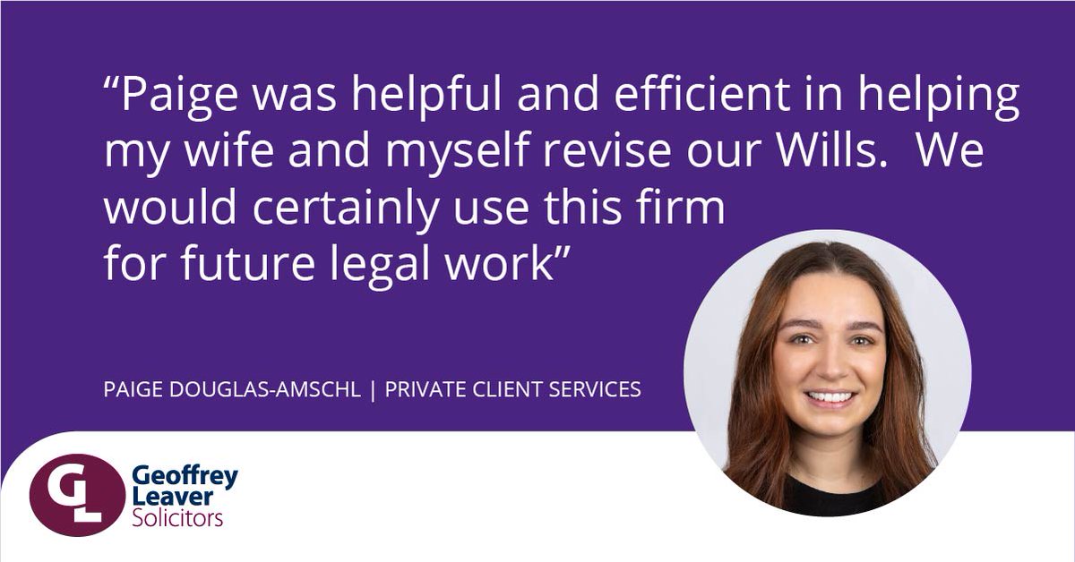 Another kind testimonial for Paige, part of our Private Client team!

Need to update your Will or discuss estate planning? Our team is here to help. &gt;bit.ly/2LzEku2

#ClientFeedback #WillsAndProbate #PrivateClient #WhenExperienceMatters
