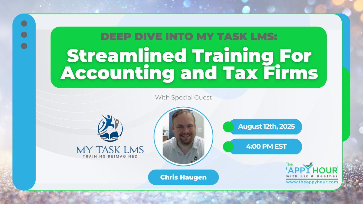 Only a few days to go! 🎉 Join us this Tuesday, August 12 at 4PM EST for a Deep Dive with My Task LMS, the smarter way to train your team. 
Don’t miss it: loom.ly/fGsbCfM

#TheAppyHour #AccountingTech #MyTaskLMS #WorkflowMagic #TrainingSimplified #LMSForFirms #Accounting