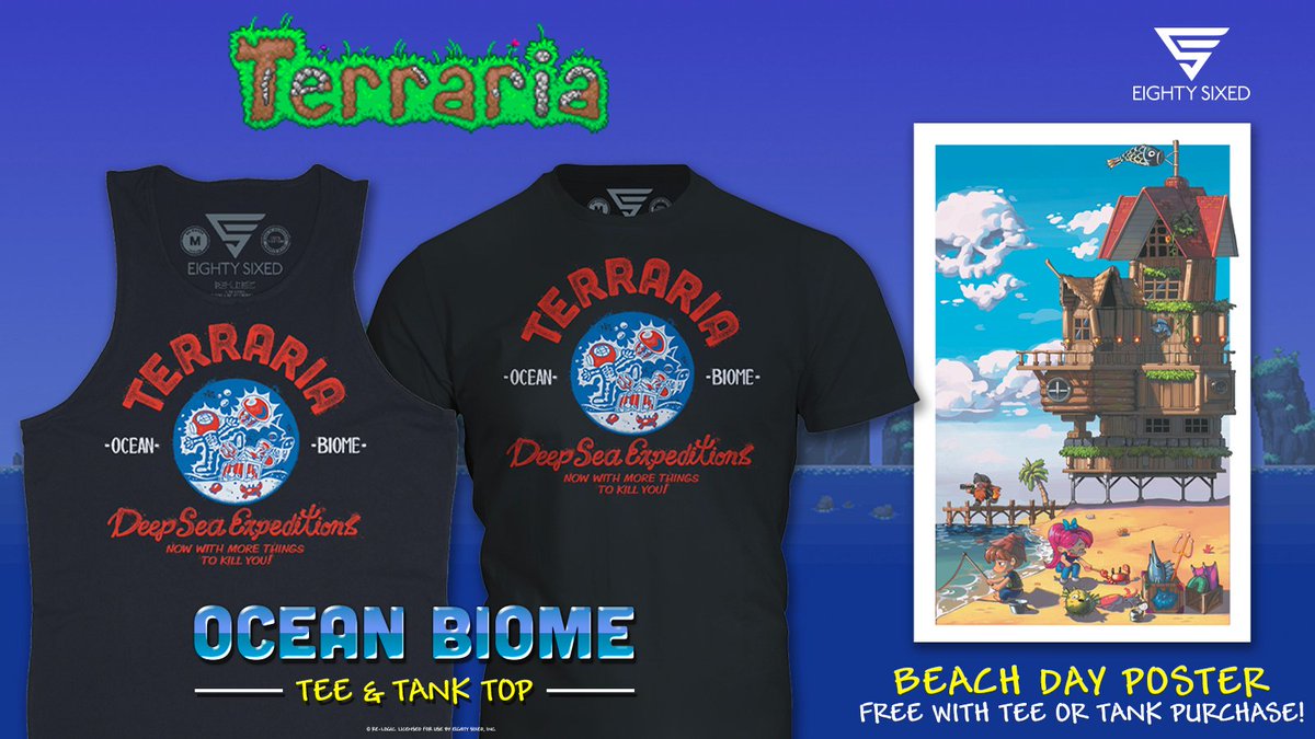 EightySixed's tweet image. 🌞🌊 Dive into Terraria’s beach vibes with this fresh summer look! Introducing the all new Ocean Biome t-shirt and tank top! Snag one now and get the new Beach Day Poster for FREE! (Just add it to your cart!)

👇👇
eightysixed.com/collections/te…