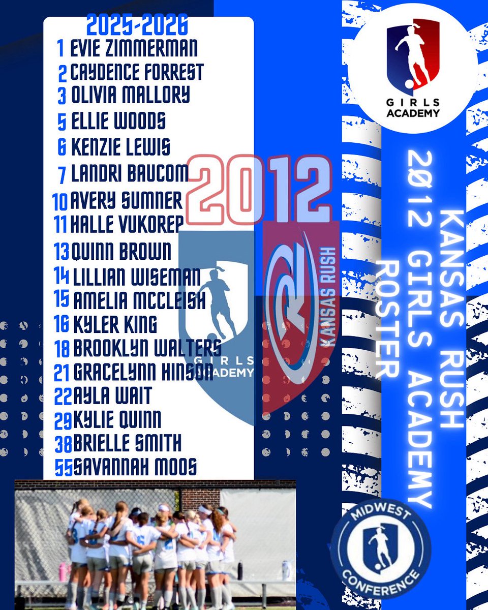 KSRushGA2012 (@ksrushga2012) on Twitter photo Introducing 🚨‼️🚨‼️🚨‼️🚨‼️🚨
The <a href="/GAcademyLeague/">Girls Academy</a> Midwest Conference defending Champions 🏆!
<a href="/KSRGirlsAcademy/">Kansas Rush Girls Academy</a> 2012 Squad for 2025-26 season coached by <a href="/Alviebelt17/">Alvie Beltran</a>
<a href="/KS_RushSoccer/">Kansas Rush Soccer Club</a> <a href="/RushSoccer/">Rush Soccer</a> <a href="/TheSoccerWire/">SoccerWire</a> <a href="/TopDrawerSoccer/">TopDrawerSoccer</a> <a href="/ImYouthSoccer/">ECNL/GA/Recruiting/College Soccer</a> <a href="/imwomenssoccer/">Scout Her Soccer</a> Introducing 🚨‼️🚨‼️🚨‼️🚨‼️🚨
The <a href="/GAcademyLeague/">Girls Academy</a> Midwest Conference defending Champions 🏆!
<a href="/KSRGirlsAcademy/">Kansas Rush Girls Academy</a> 2012 Squad for 2025-26 season coached by <a href="/Alviebelt17/">Alvie Beltran</a>
<a href="/KS_RushSoccer/">Kansas Rush Soccer Club</a> <a href="/RushSoccer/">Rush Soccer</a> <a href="/TheSoccerWire/">SoccerWire</a> <a href="/TopDrawerSoccer/">TopDrawerSoccer</a> <a href="/ImYouthSoccer/">ECNL/GA/Recruiting/College Soccer</a> <a href="/imwomenssoccer/">Scout Her Soccer</a>