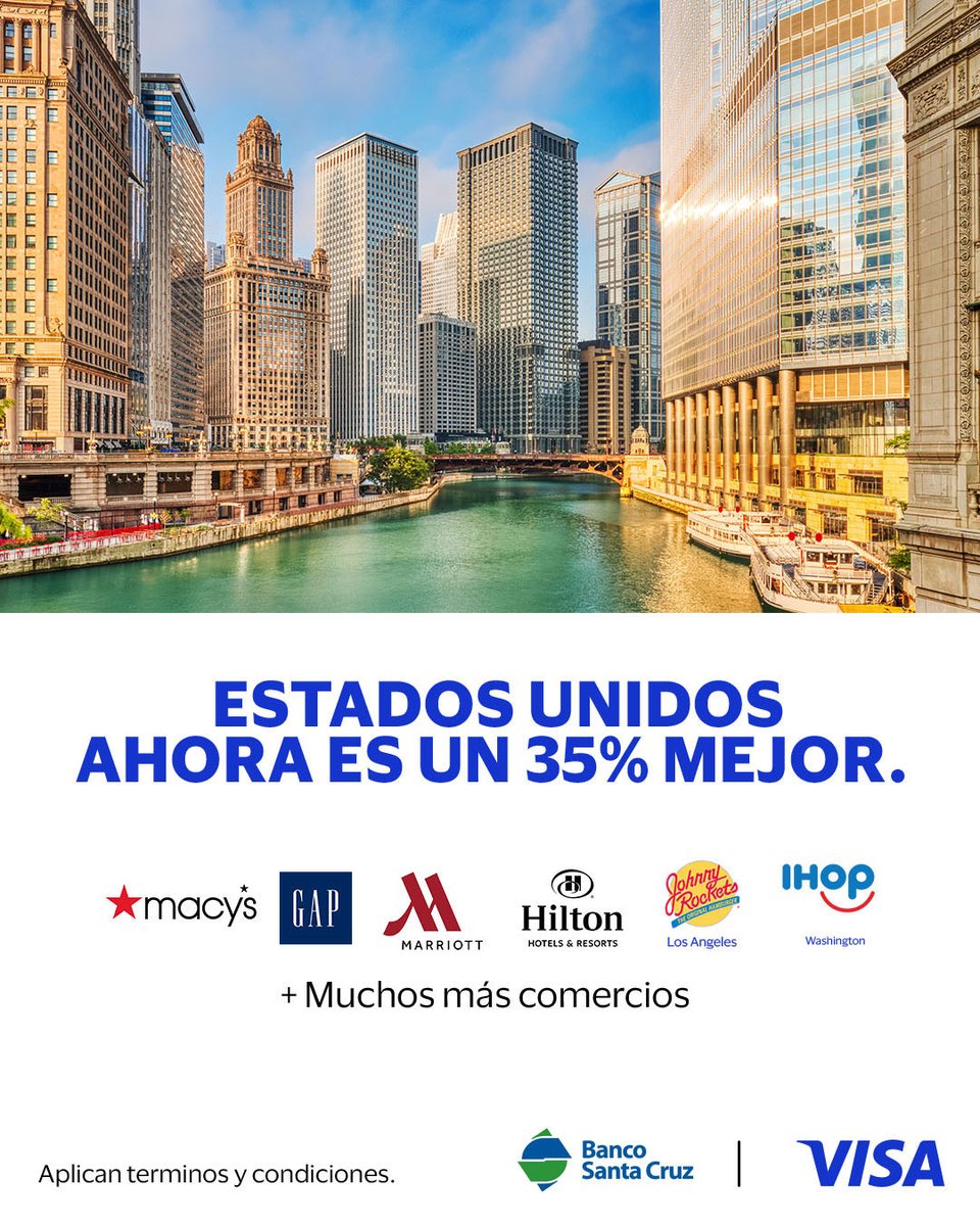Estados Unidos ahora es un 35% mejor! ✈️✨ Regístrate en  https://t.co/Y4TUc2X8wM y recibe hasta 35% de devolución en tus hoteles,  tiendas y restaurantes favoritos al pagar con tus Tarjetas Santa Cruz 💳., image size:960x1200