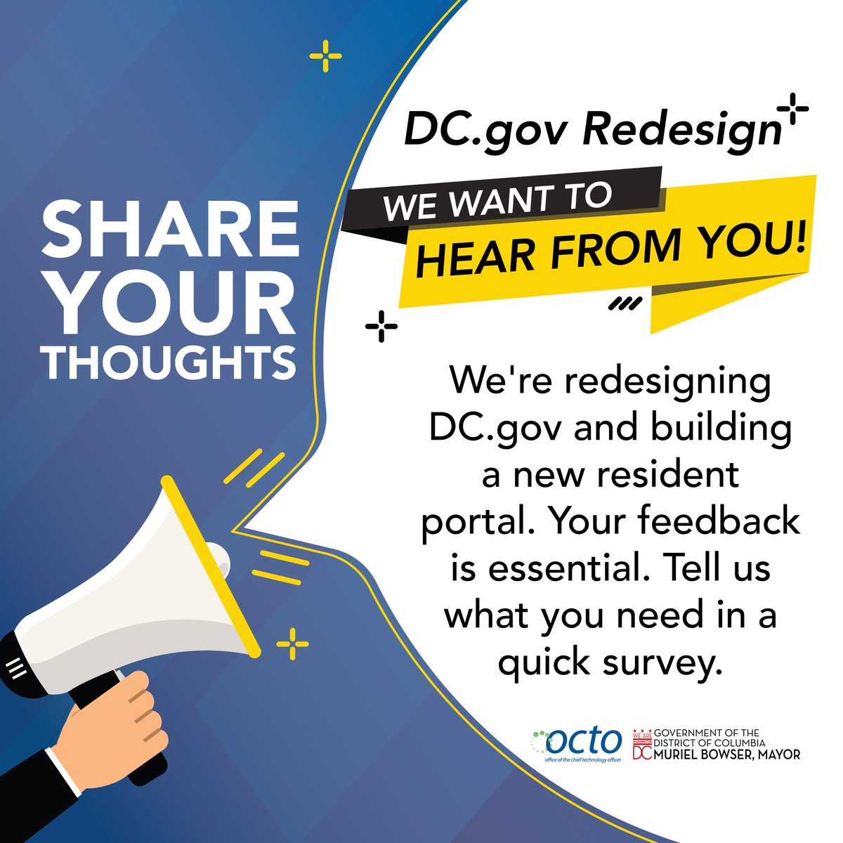 Mayor Muriel Bowser (@mayorbowser) on Twitter photo DC.gov is getting a redesign, and we want to hear from you. 💬
Help shape the new Resident Portal, which will be designed to make it easier to find info, services, and programs.
Share your feedback with <a href="/OCTODC/">DC Office of the CTO</a>: s.dc.gov/redesign-resid… DC.gov is getting a redesign, and we want to hear from you. 💬
Help shape the new Resident Portal, which will be designed to make it easier to find info, services, and programs.
Share your feedback with <a href="/OCTODC/">DC Office of the CTO</a>: s.dc.gov/redesign-resid…