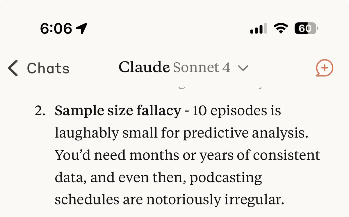 told claude to be critical of my opinions and now he brings up sample size fallacies and shii like that when i ask him to estimate when might <a href="/lexfridman/">Lex Fridman</a> release a new episode based on his upload schedule 💀💀