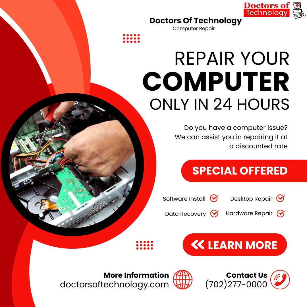 DoctorsofTech's tweet image. ⚡ Fast repairs. No hassle.

We fix most laptops and computers in under 24 hours — right here in Las Vegas.

Skip the long wait. Visit Doctors of Technology today.

📞 Call (702) 277-0000 or walk in!

#LocalTechExperts #LaptopRepairVegas #QuickFix