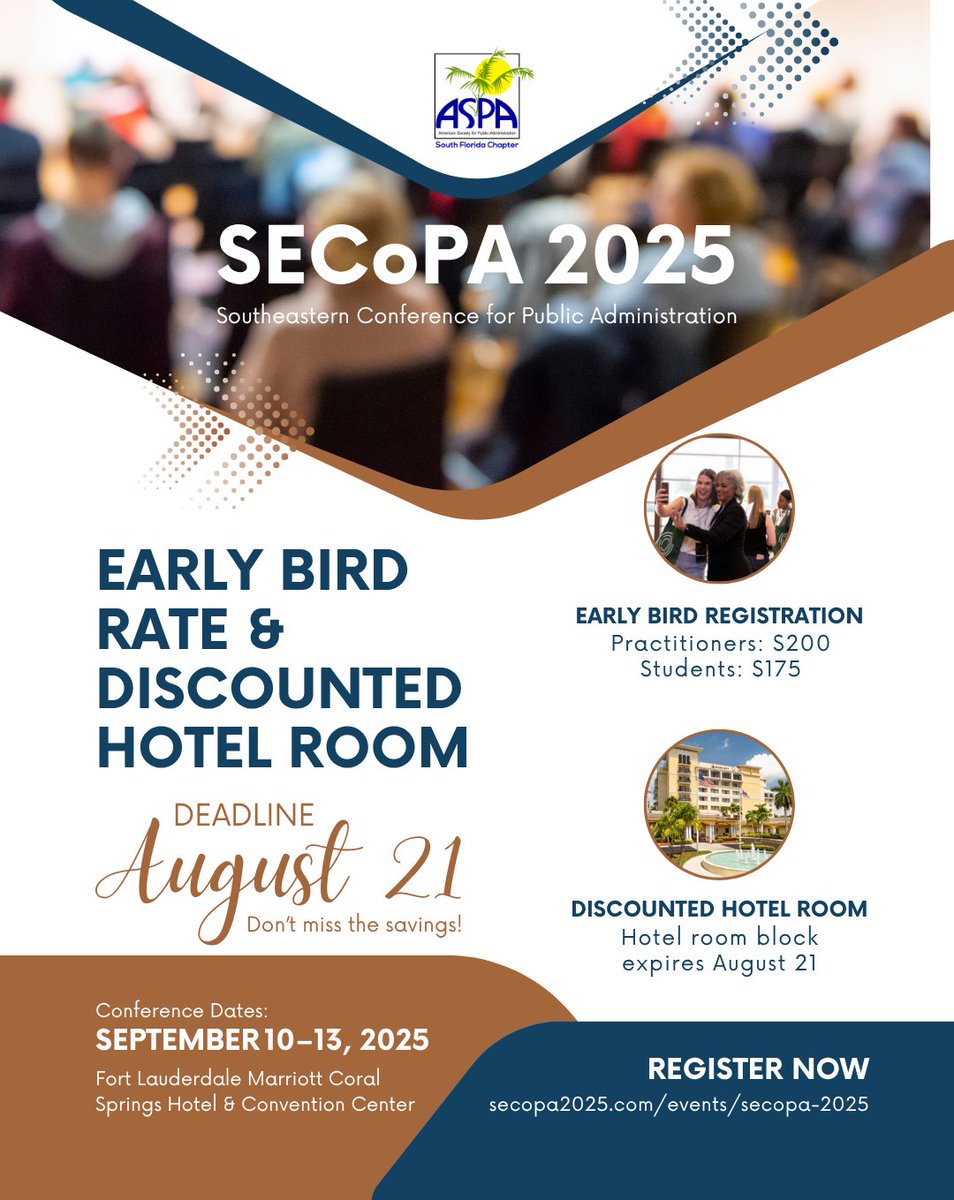 🚨 Early Bird Deadline: Aug 21! 🚨
Lock in your SECoPA 2025 rate &amp; hotel discount before prices rise!
📍 Fort Lauderdale | Sept 10–13
🎟️ $200 Practitioners | $175 Students
🔗 Register: secopa2025.com/events/secopa-…
🏨 Hotel: marriott.com/event-reservat…

#SECoPA2025 #ASPA
