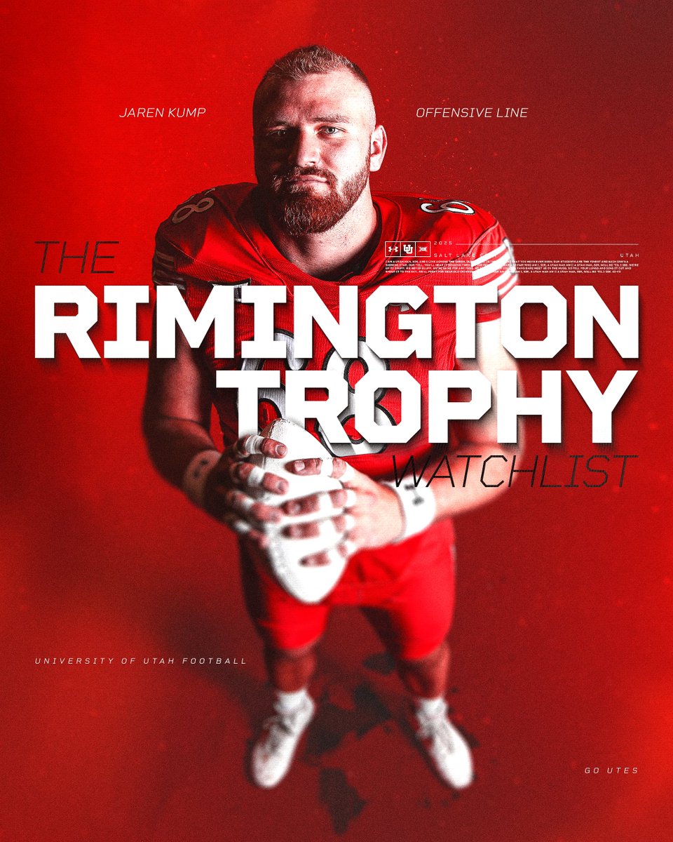 Congrats to <a href="/jarenkump68/">Jaren Kump</a> for making the 𝟐𝟎𝟐𝟓 𝐑𝐢𝐦𝐢𝐧𝐠𝐭𝐨𝐧 𝐓𝐫𝐨𝐩𝐡𝐲 𝐖𝐚𝐭𝐜𝐡𝐥𝐢𝐬𝐭! This award is given annually to the most outstanding Center in college football‼️

📰: utahutes.com/news/2025/8/8/…

#GoUtes