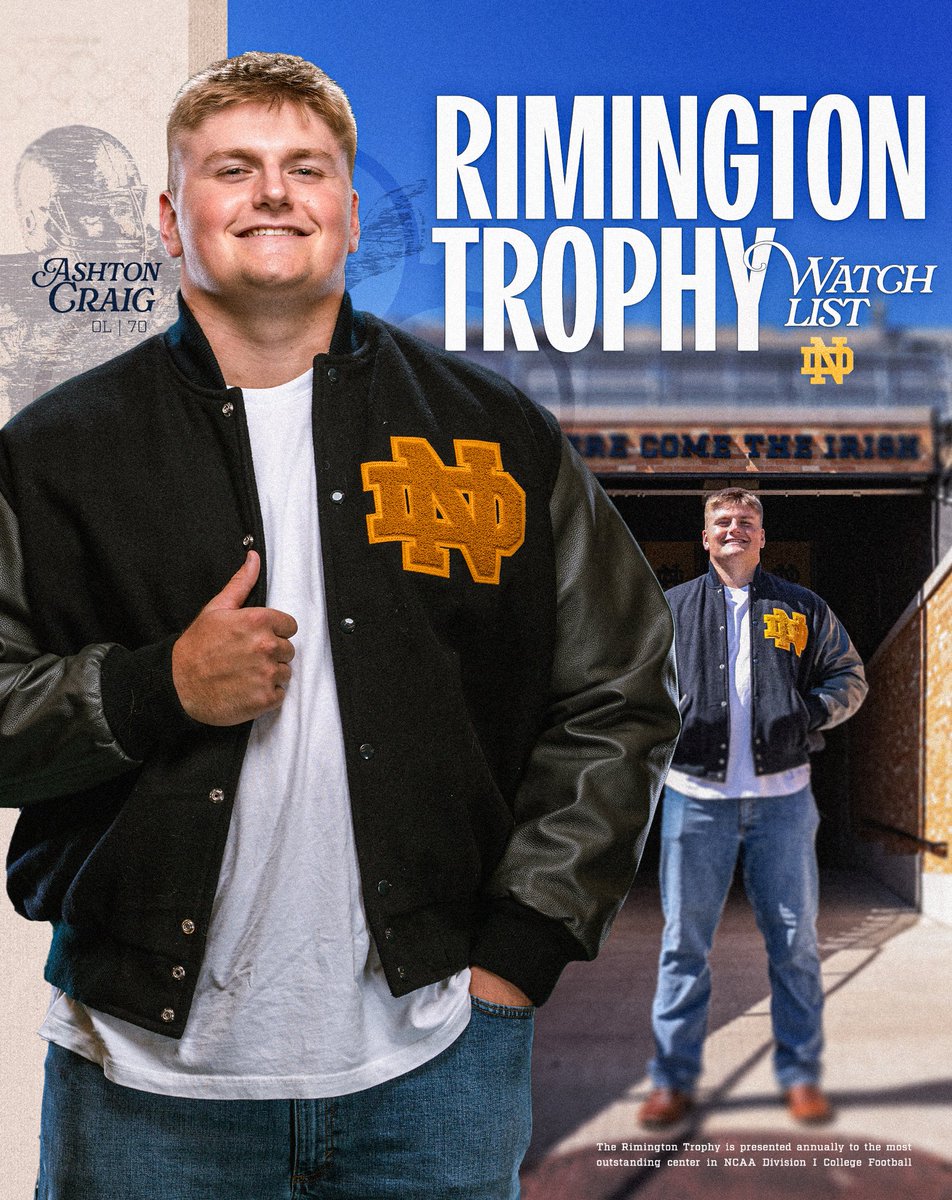 7️⃣0️⃣

Powerful up front 💪

Ashton Craig has been named to the Rimington Trophy Watch List

#GoIrish☘️