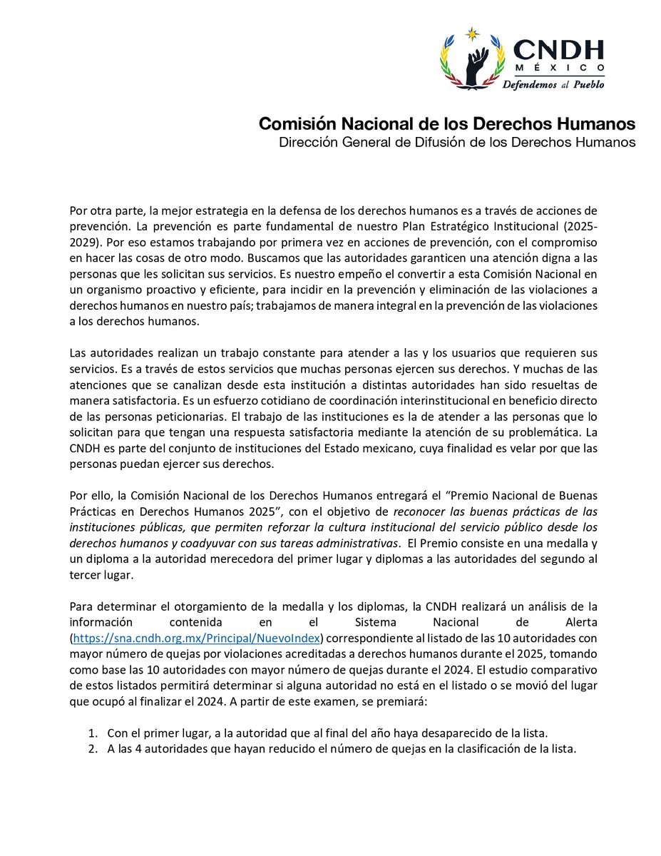 CNDH's tweet photo. La #CNDH entregará el Premio Nacional de Buenas Prácticas en Derechos Humanos 2025 a las autoridades que disminuyan quejas. 
¡Conoce las bases y súmate a la cultura de paz y derechos humanos!

Conoce más:
🔗https://t.co/cpTdMafTNE 

🔗https://t.co/KB3A2rwYtH

#DefendemosAlPueblo https://t.co/4wPzIDx0DP