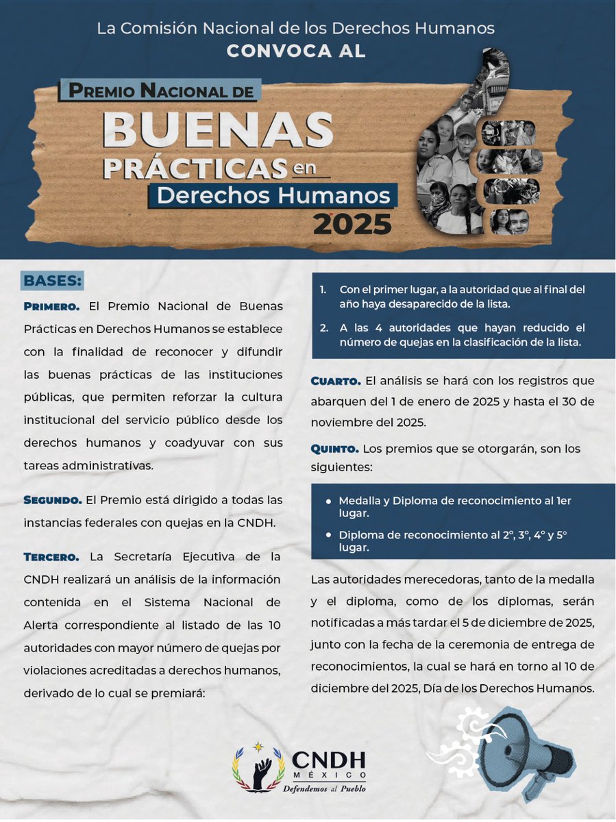 CNDH's tweet photo. La #CNDH entregará el Premio Nacional de Buenas Prácticas en Derechos Humanos 2025 a las autoridades que disminuyan quejas. 
¡Conoce las bases y súmate a la cultura de paz y derechos humanos!

Conoce más:
🔗https://t.co/cpTdMafTNE 

🔗https://t.co/KB3A2rwYtH

#DefendemosAlPueblo https://t.co/4wPzIDx0DP