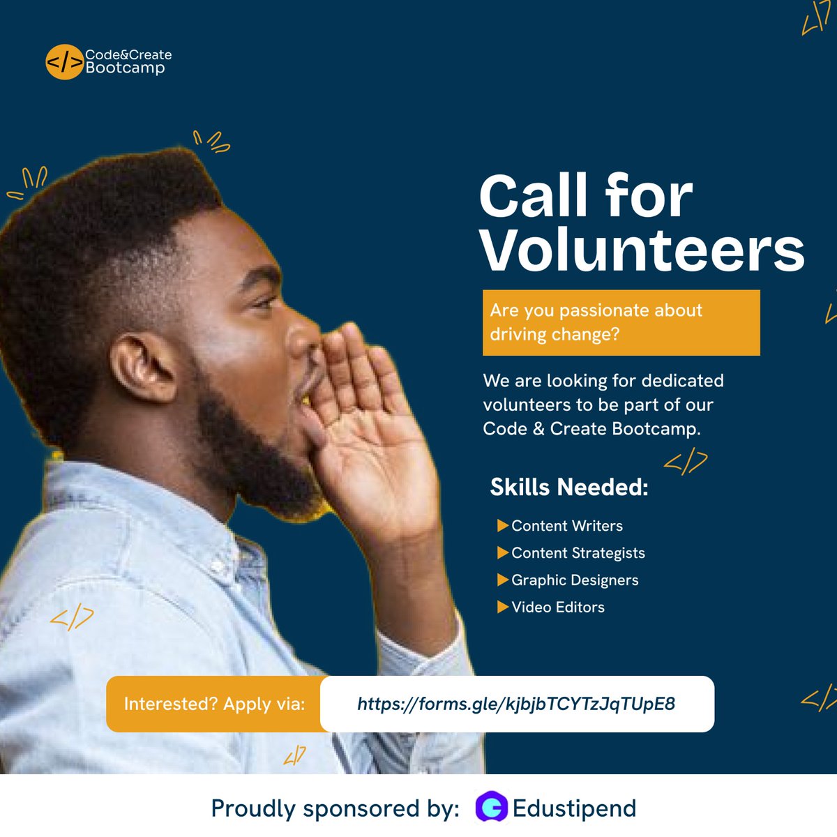 codecreatehq's tweet image. We’re calling all creatives! ⭐️

Join the Code &amp;amp; Create Bootcamp as a volunteer and help drive change.
Roles needed: Content Writers, Strategists, Designers &amp;amp; Video Editors.

🔗 Apply here: forms.gle/txGvMTuQ7UHbnR…

#Volunteer #TechForGood #CodeAndCreate