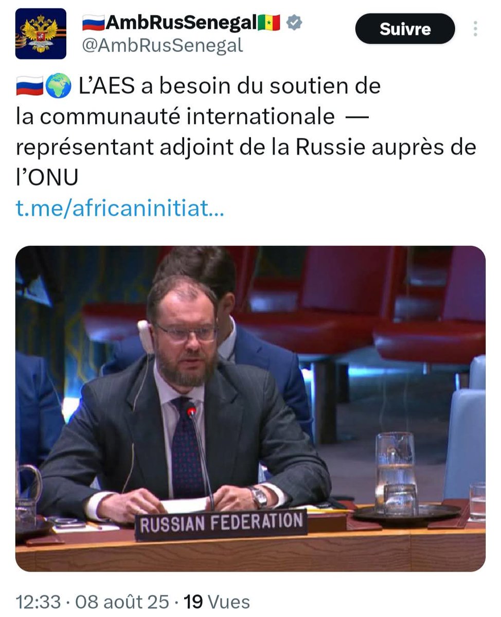 la #Russie🇷🇺 en appelle au soutien collectif de la communauté internationale (🇺🇳) pour venir en aide au #Niger🇳🇪, au #Burkina🇧🇫 et au #Mali🇲🇱, en proie à une insécurité généralisée, tout en rejetant dans la foulée, toute influence étrangère qui ne s’aligne pas avec ses intérêts