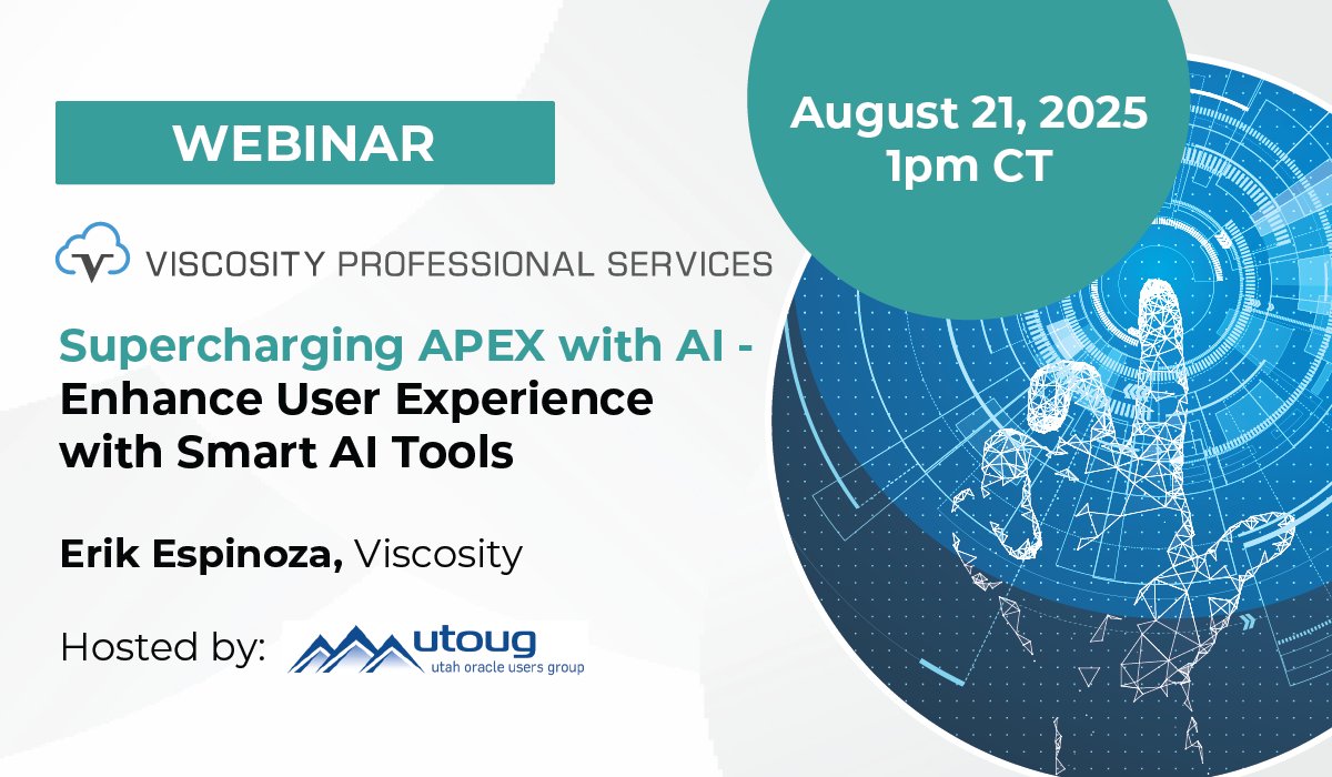 Viscosity NA (@viscosityna) on Twitter photo Join us for @UTOUG's FREE webinar, "Supercharging #orclAPEX with #AI," featuring our own <a href="/eaespinoza0/">Erik Espinoza</a>. Discover how to integrate #chatbots, semantic search, smart filters with #Oracle23ai.
🗓️ August 21 | 1:00 PM CT
🔗 Register: bit.ly/4l8LcMc Join us for @UTOUG's FREE webinar, "Supercharging #orclAPEX with #AI," featuring our own <a href="/eaespinoza0/">Erik Espinoza</a>. Discover how to integrate #chatbots, semantic search, smart filters with #Oracle23ai.
🗓️ August 21 | 1:00 PM CT
🔗 Register: bit.ly/4l8LcMc