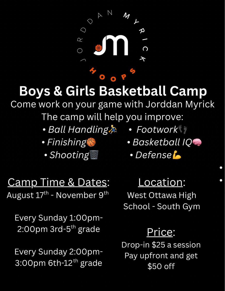 Come get your work in! West Ottawa south campus starting August 17th- November 9th every Sunday