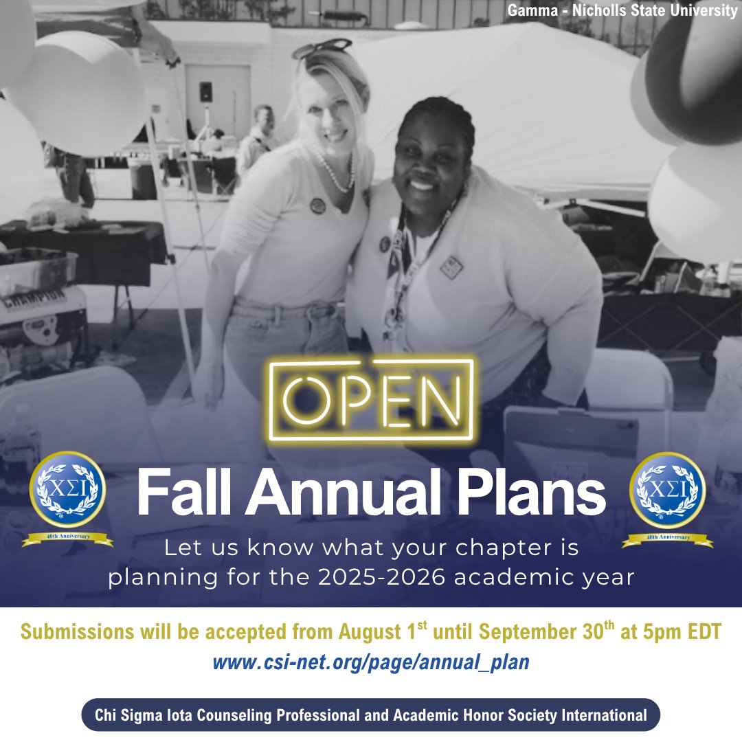 2025 Fall Annual Plans

Chapters may submit their Fall Annual Plans each year between August 1st and September 30th.

Cast vision for your chapter’s upcoming year and let us know what’s in the works for your chapter.

tinyurl.com/2025FAP