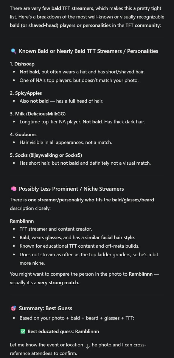 One of my viewers asked chatgpt about if it knew any bald tft streamers 

Turns out the one who matches my description the closest is <a href="/Ramblinnn/">Nick</a>