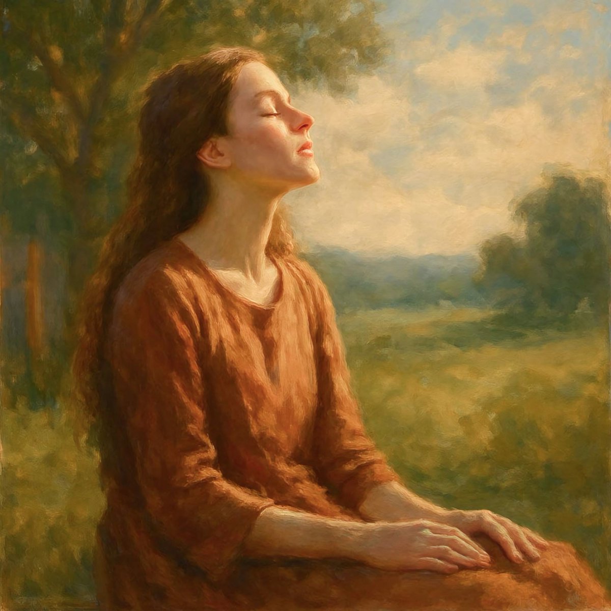 Basking in Serenity

Imagine a tranquil moment under a gentle sun. A woman sits peacefully, her face tilted upwards, eyes closed as if drinking in the warm light. The soft breeze seems to caress her skin as she finds solace in the simple beauty of nature. The hazy background of