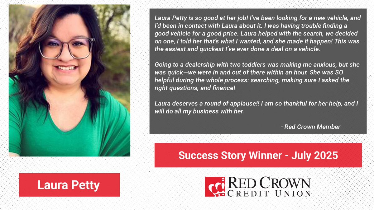 RedCrownCU's tweet image. We’re thrilled to celebrate one of our incredible team members this month – Laura, who has been a valued part of the Red Crown Credit Union family for the past 3 years!

Congratulations, Laura!