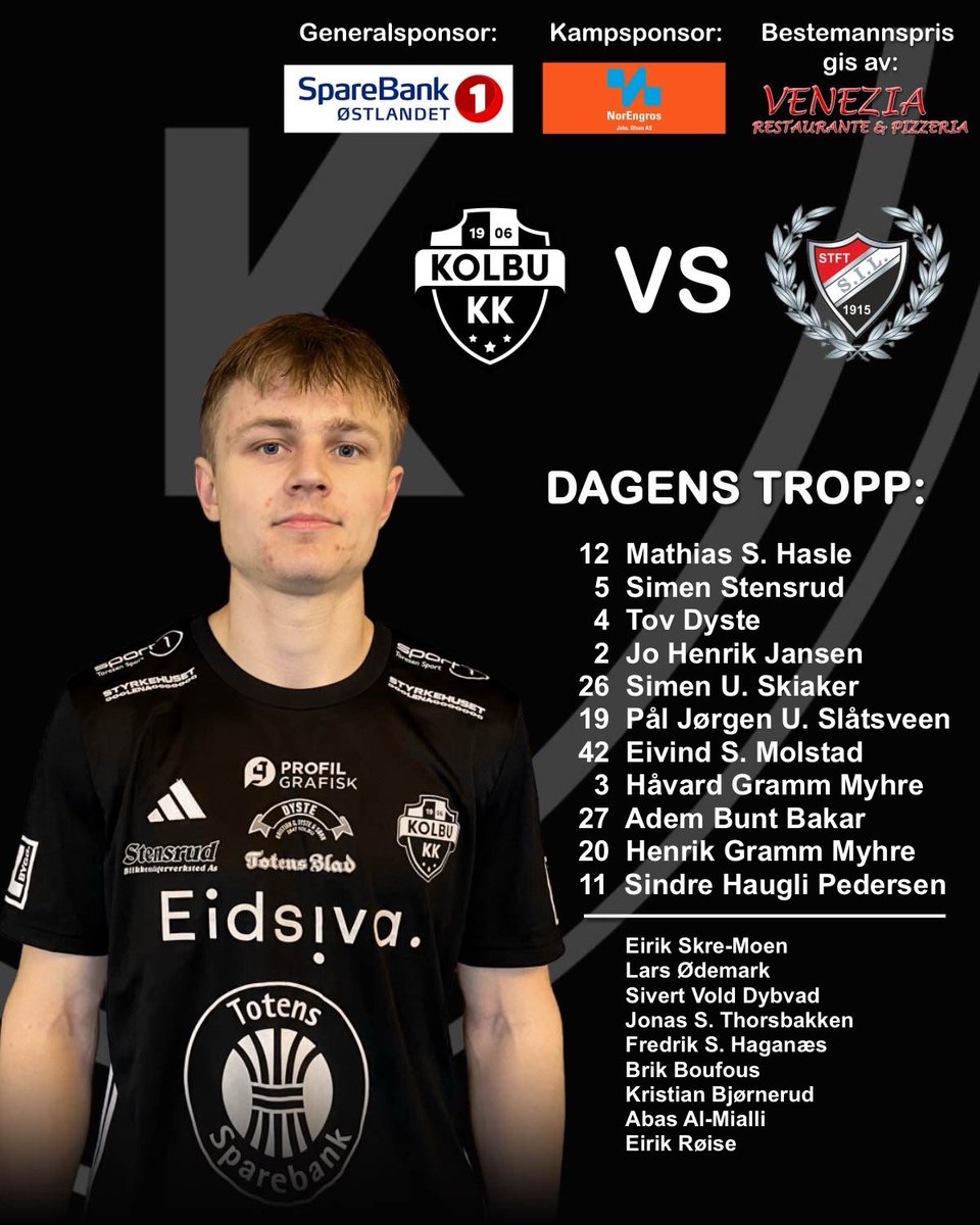 Det nærmer seg starten på kveldens seriekamp i 4. divisjon🤩 Motstander er Skreia IL⚽️ Avspark klokken 19.00 på Kolbu idrettsplass😃 Kampsponsor er Norengros Johs Olsen Gjøvik🙌 Bestemannsprisen gis av Venezia Restaurante &amp; Pizzeria Lena🍕 Vi stiller følgende lag: