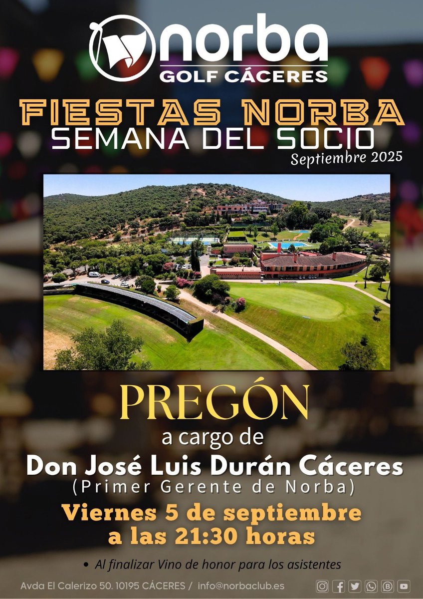 📢 Después de más de 30 años…
🏌️‍♂️ Norba Golf vive su primer Pregón
✨ Con D. José Luis Durán Cáceres, primer gerente del club.
📍 5 de septiembre – 21:30 h – Norba Golf 
#HistoriaNorba #FiestasNorba2025 #NorbaGolf #GolfEspaña #OrgulloNorba #GolfCáceres #GolfLife #GolfLovers