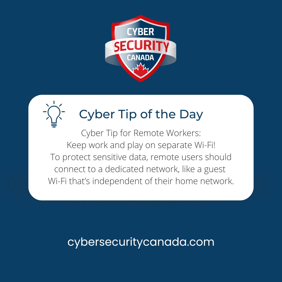 ManagedCISO's tweet image. 🏠💼 To protect sensitive data, remote users should connect to a dedicated network, like a guest Wi-Fi, that’s independent of their home network.
#CyberSecurityCanada #NetworkSegmentation #RemoteWork #WiFiSafety #CANDGSI104 #CyberSmart #DigitalHygiene