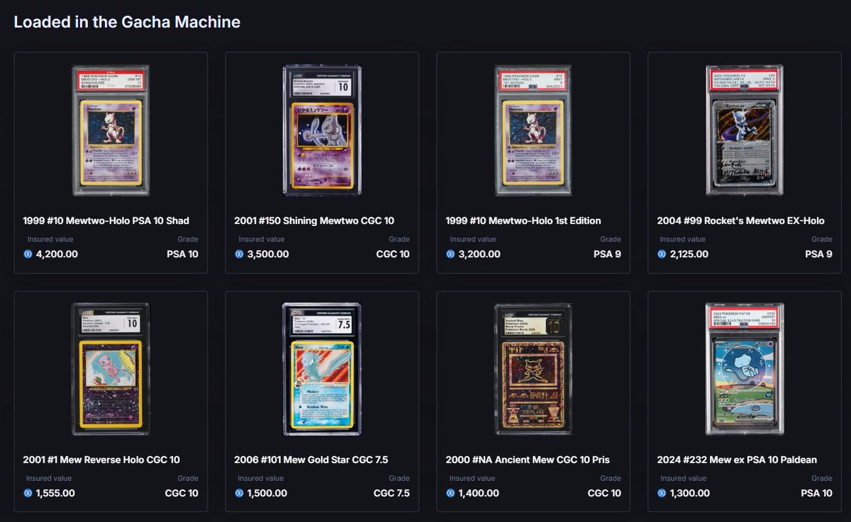 🐾 The Mutiny of the Mews mini event has landed at the Collector Crypt Gacha 🐾

💎 Every single card in the epic wallet ($250+) has been replaced by a Mew or Mewtwo for the next 24h.

 ~100 cards worth $56,000 total.

🔍 Hunt the Ancient Mew , Bubble Mew 🫧, or even the Gold