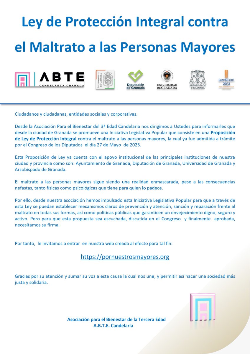 📢 ¡Ya está en el Congreso!   Impulsamos la Ley contra el maltrato a mayores desde Granada.   Nos respaldan:   🏛️ Ayuntamiento   🏛️ Diputación   🎓 Universidad   ⛪ Arzobispado   Firma 👉 pornuestrosmayores.org   #PorNuestrosMayores #StopMaltrato #FirmaPorLaDignidad