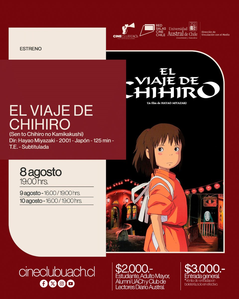 “El viaje de Chihiro” se reestrena en el Cine Club UACh - mailchi.mp/0877cb3bff05/e…