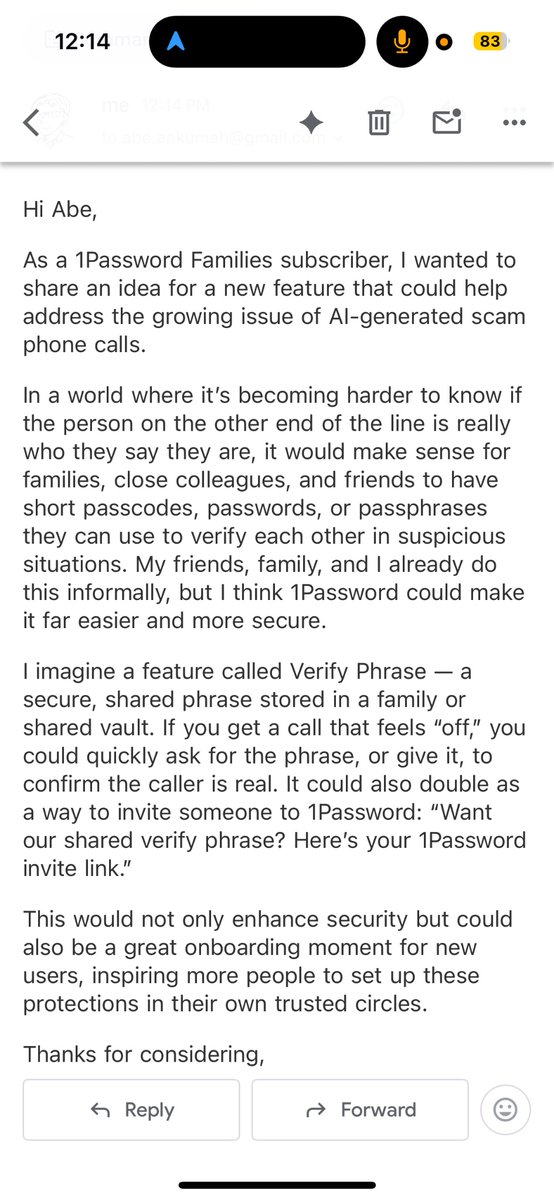 Sent <a href="/1Password/">1Password</a> a feature idea, shared verified phrases. Hope they do a version of it! And, that you set this up with your friends and family.