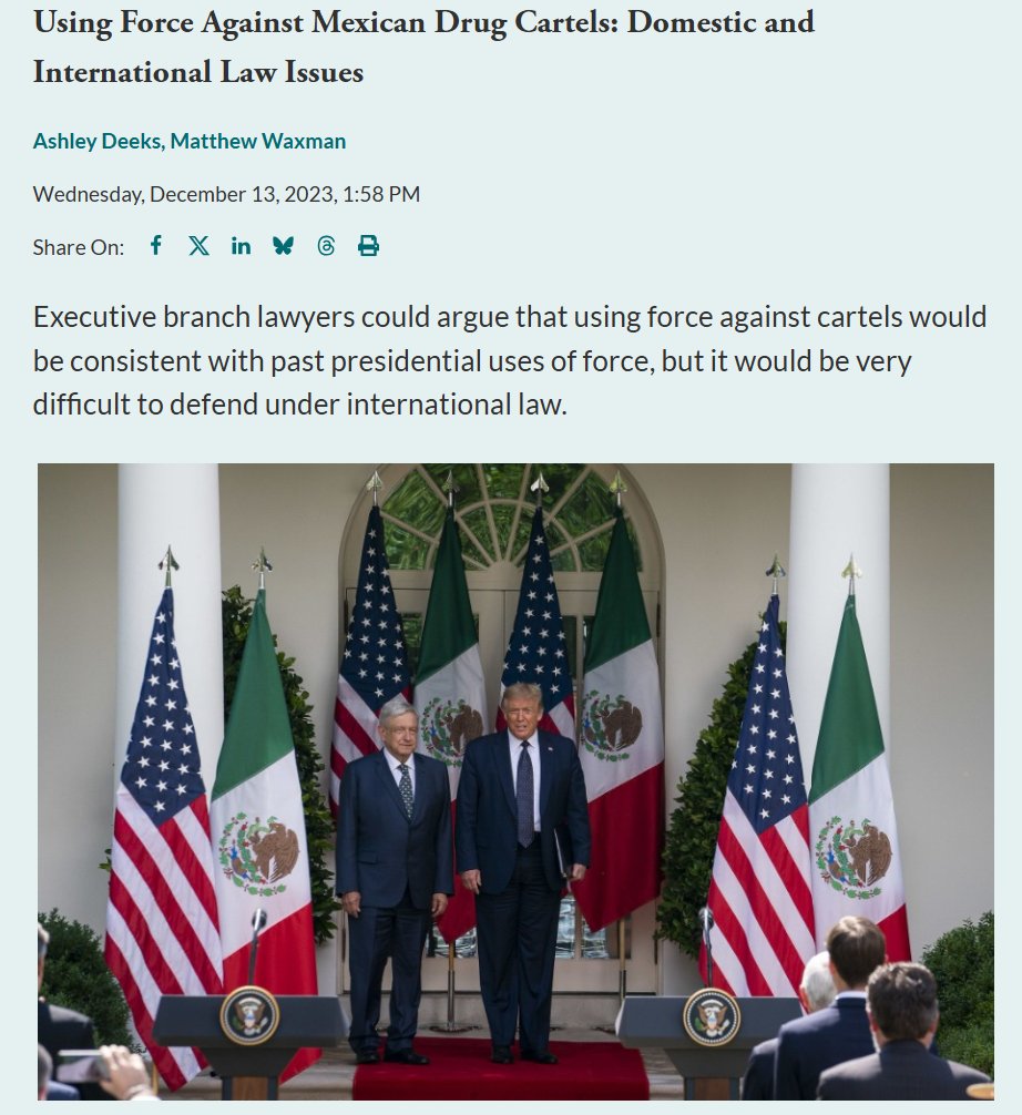 Lawfare (@lawfare) on Twitter photo Today, it was reported that President Trump signed a directive for the U.S. military to use force against Latin American drug cartels his administration deemed terrorist organizations.
Last Dec., <a href="/mattwaxman1/">Matthew Waxman</a> and Ashley Deeks explored the legal questions that would result from Today, it was reported that President Trump signed a directive for the U.S. military to use force against Latin American drug cartels his administration deemed terrorist organizations.
Last Dec., <a href="/mattwaxman1/">Matthew Waxman</a> and Ashley Deeks explored the legal questions that would result from