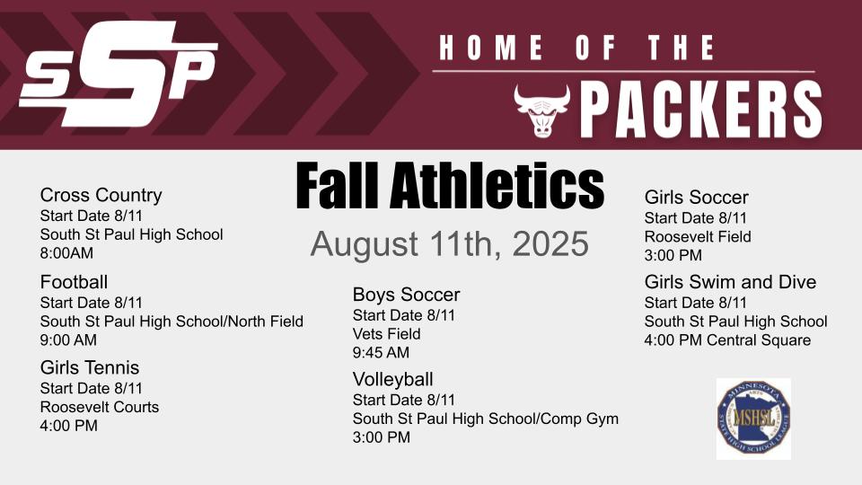 SSP Athletics and Activities (@sspathletics) on Twitter photo Fall Sports officially start Monday! Please see the information below to find practice locations and times. All students must be registered and have an up-to-date physical on file to participate. Got to highschool.sspps.org/athleticsactiv… for information!
<a href="/SSPPS6/">South St. Paul Public Schools</a> Fall Sports officially start Monday! Please see the information below to find practice locations and times. All students must be registered and have an up-to-date physical on file to participate. Got to highschool.sspps.org/athleticsactiv… for information!
<a href="/SSPPS6/">South St. Paul Public Schools</a>