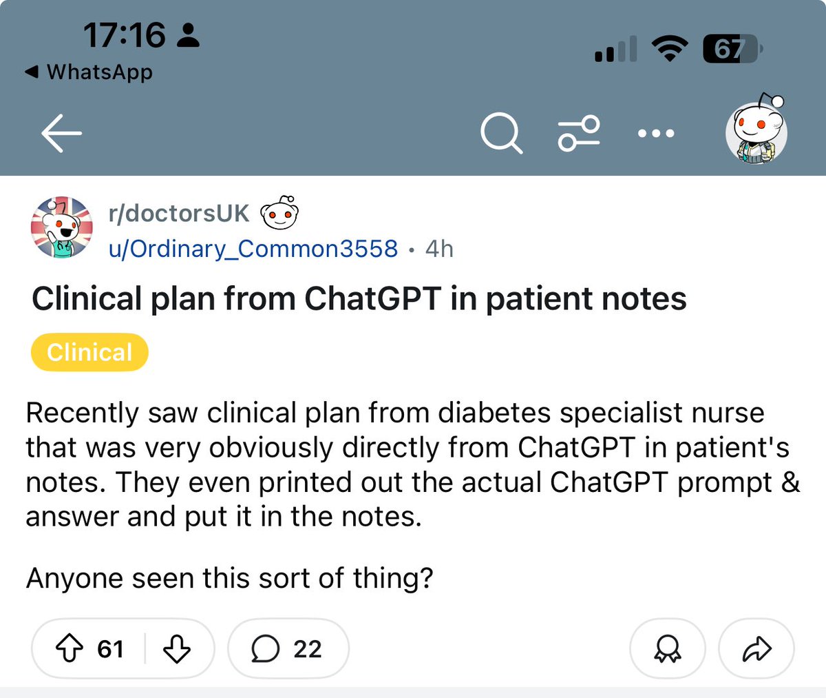 I do talks on AI and am increasingly concerned at how common off the shelf products are being used for patient care. This is a huge problem and I can’t see the system doing anything to address this. 

This is unacceptable. Patients really deserve better. 

reddit.com/r/doctorsUK/s/…