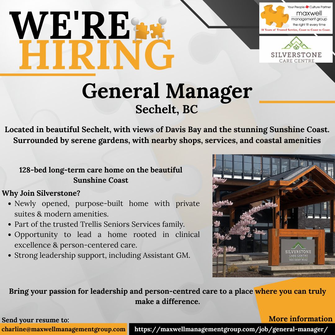 MaxwellMgtGroup's tweet image. Step into leadership as General Manager at Silverstone Care Centre, Sechelt, BC! Lead a new 128-bed long-term care home focused on care, connection &amp;amp; community. 
Drive excellence, inspire teams, &amp;amp; make a real impact. Ready to lead? 
#MaxwellManagementGroup #Sechelt 
@SecheltBC