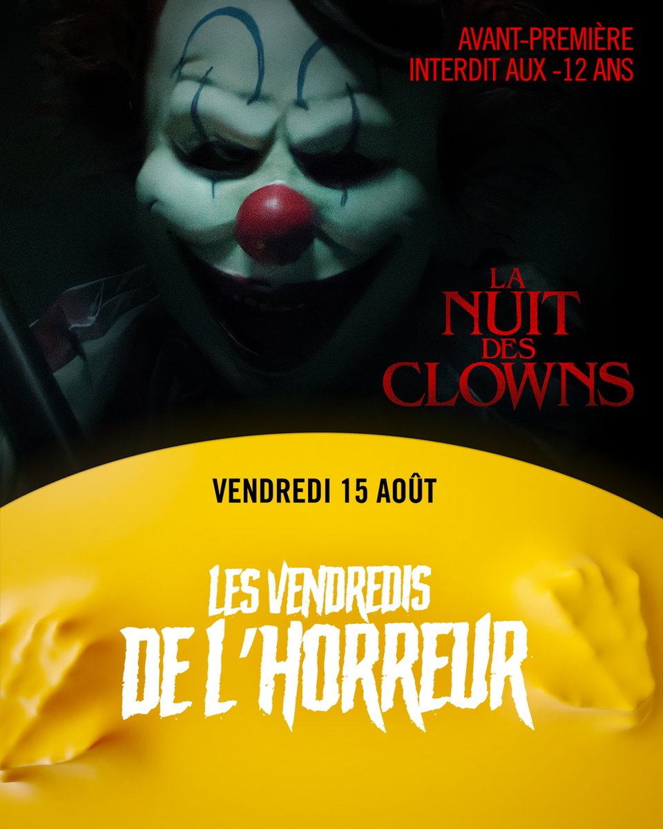 Avec Les Vendredis de l'Horreur, découvrez une sélection de films de genre en avant-première ou en séance spéciale.
Pour cette nouvelle édition, découvrez en avant-première "La Nuit des clowns" le vendredi 15 août à 22H00 en VOST