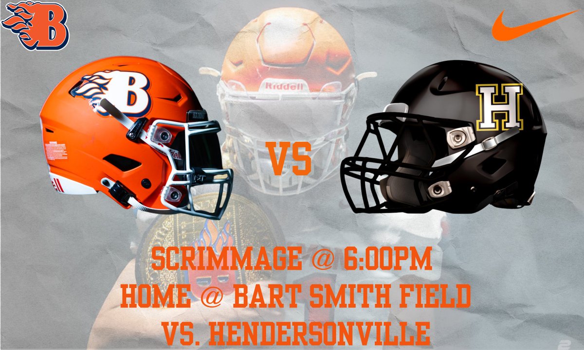 Blackman Football wants to invite everyone to come watch us scrimmage  Hendersonville High School tonight. Start time is 6:00pm at Bart Smith Field  here at Blackman High School. #WeAreBlackman