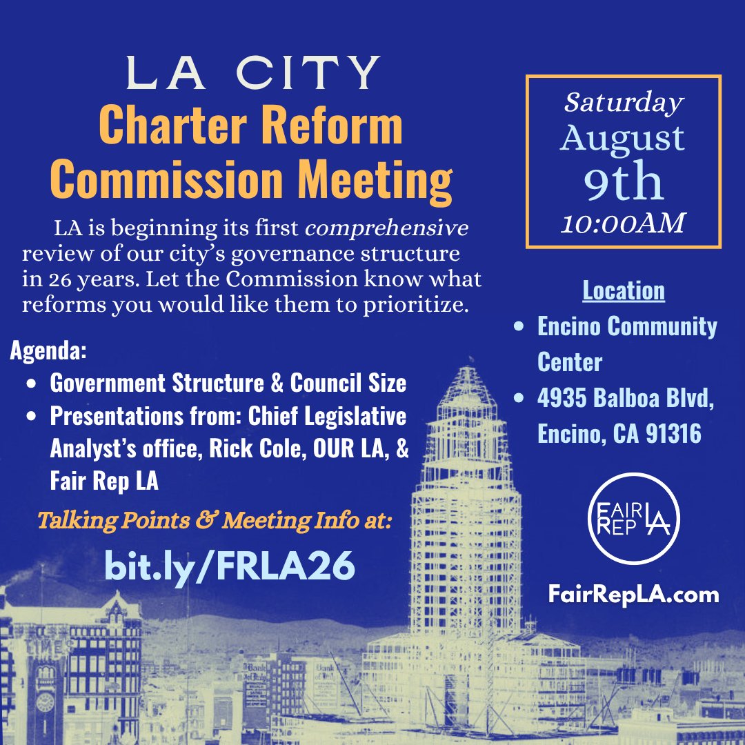 UnrigLA's tweet image. Tomorrow at 10am, for the 1st time in nearly 2 years, the City of LA will be discussing potential changes to the size of LA City Council. 

The Charter Reform Commission will be meeting in Encino (CD 4) &amp;amp; hear presentations from @FairRepLA &amp;amp; others: bit.ly/FRLA26